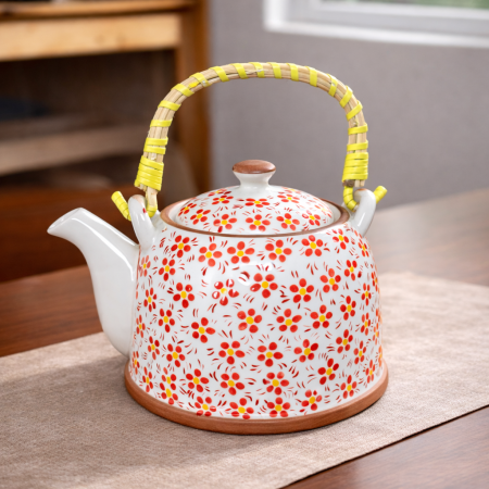 إبريق شاي سيراميك نقشة زهور حمراء