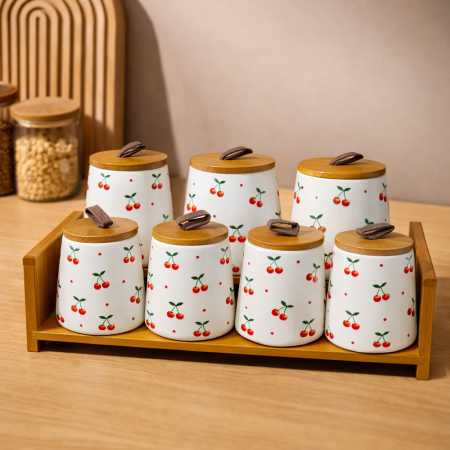 طقم علب بورسلان 7 قطع نقشة الكرزة