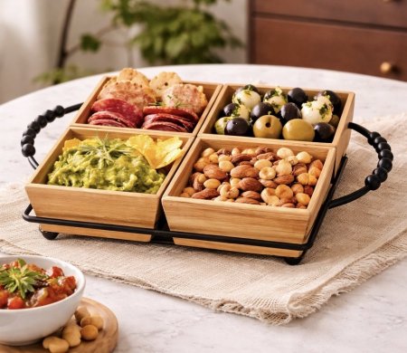 صينية تقديم خشب مع حامل معدني – 4 صحون