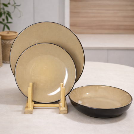 طقم صحون بورسلان 18 قطعة - بني فاتح مع حافة أسود