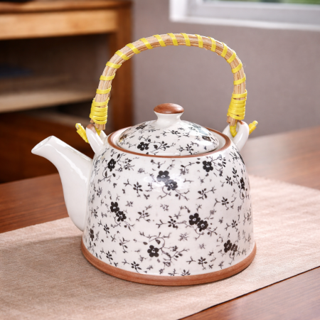 إبريق شاي سيراميك نقشة زهور أسود