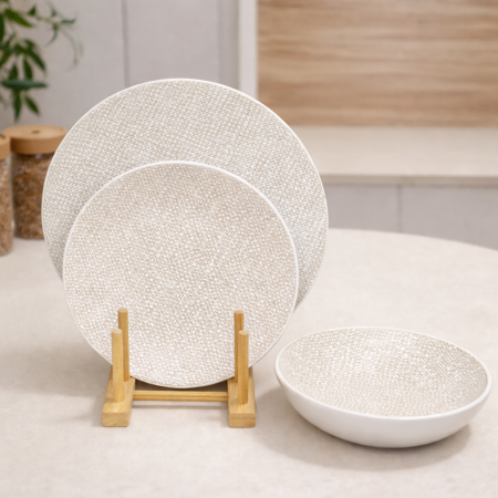 طقم صحون بورسلان 18 قطعة - بيج منقش