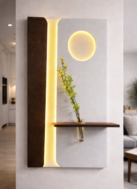 برواز ديكور مودرن مضيء مع رف ونبتة - أبيض مع خشب بني