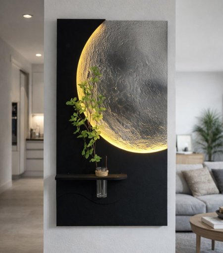 برواز قمر مضيء أسود مع نبتة ديكور