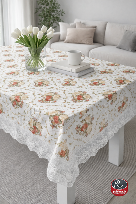 شرشف طاولة مورد مع دانتيل 180*140