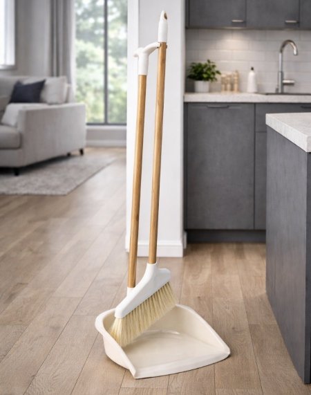 طقم مكنسة مع مجرود عصا خشب