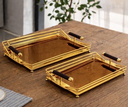 طقم صواني تقديم مستطيلة فاخرة (قطعتين) – لون ذهبي