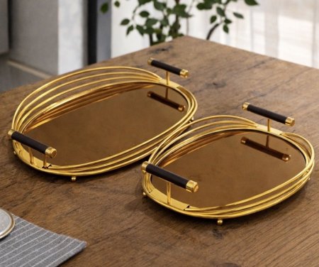 طقم صواني تقديم فاخرة (قطعتين) – لون ذهبي بيضاوي