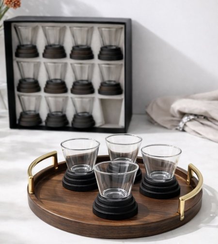 طقم فناجين سادة قاعدة خشب - أسود