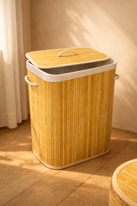 سلة غسيل بامبو مستطيلة مع غطاء