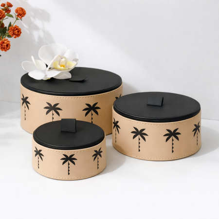 طقم علب جلد ( نخلة ) - بني فاتح