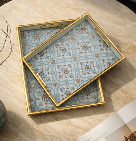 طقم صواني مزخرف أزرق - قطعتين