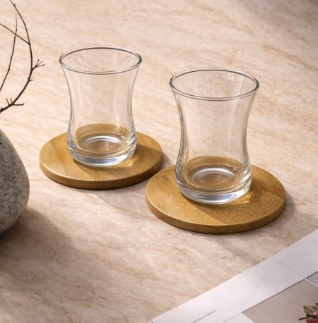 طقم إستكانة شاي - صحن خشب 6+6