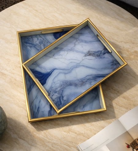 طقم صواني الرخام  الأزرق - قطعتين