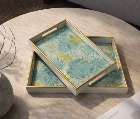 طقم صواني نقشة أوراق خضراء - قطعتين