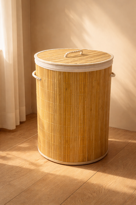 سلة غسيل بامبو دائرية مع غطاء