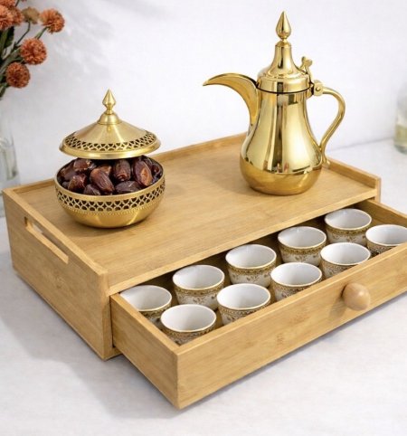 صينية تقديم مع جارور للفناجين - خشب بامبو