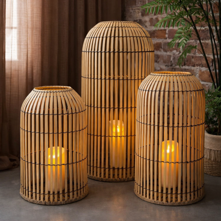 طقم شمعدان خيزران طبيعي — 3 قطع