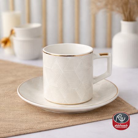 طقم فناجين بورسلان أبيض منقش/12