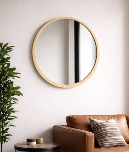 مرآة دائرية إطار خشب فاتح