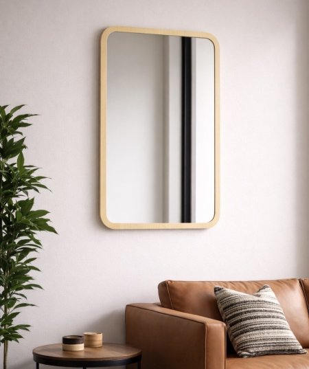 مرآة مستطيلة بزوايا دائرية وإطار خشبي فاتح