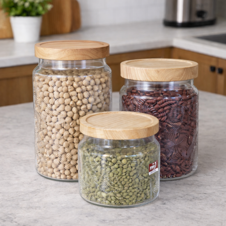 مرتبان غطاء خشب بامبو - محكم الإغلاق