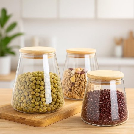 مرتبان زجاج شفاف غطاء خشب بامبو