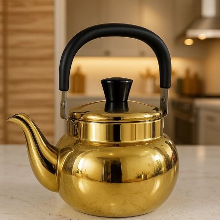 ابريق شاي ستانلس ذهبي يد أسود