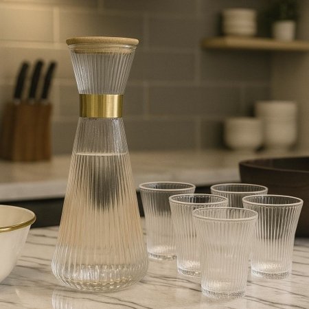 طقم شربة غطاء بامبو مع 6 كاسات