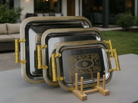 طقم صواني تقديم 3 قطع ستانلس ستيل