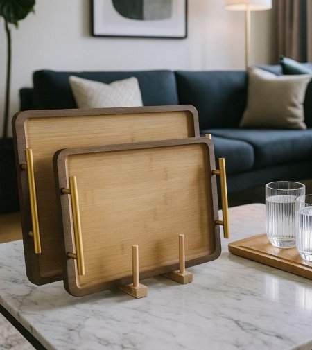 طقم صواني خشب قطعتين يد ذهبية