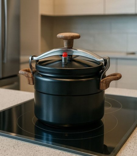 طنجرة ضغط جرانيت أسود يد خشبي