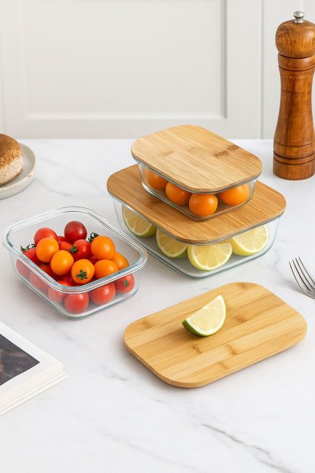 بايركس زجاج غطاء خشب بامبو مستطيل