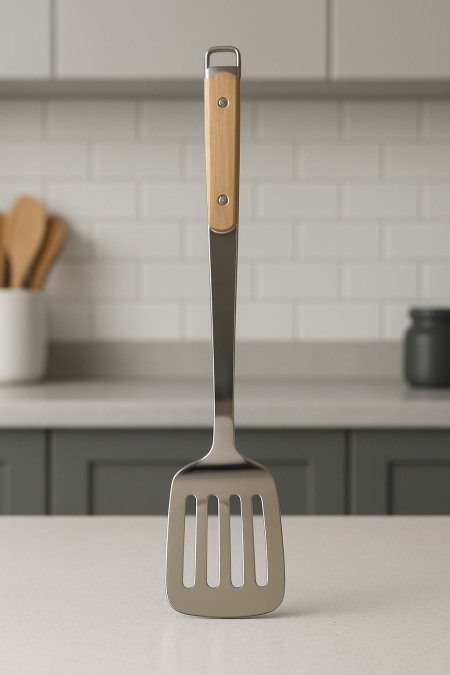 مغرفة تقليب ستانلس ستيل يد خشبي