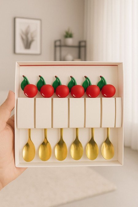 طقم معالق 6 قطع ذهبي رأسية كرز