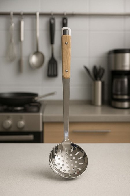 مغرفة ستانلس ستيل دائري مخرم يد خشب