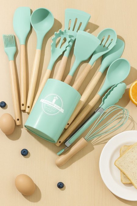 طقم أدوات مطبخ سيليكون 11 قطعة مع قاعدة