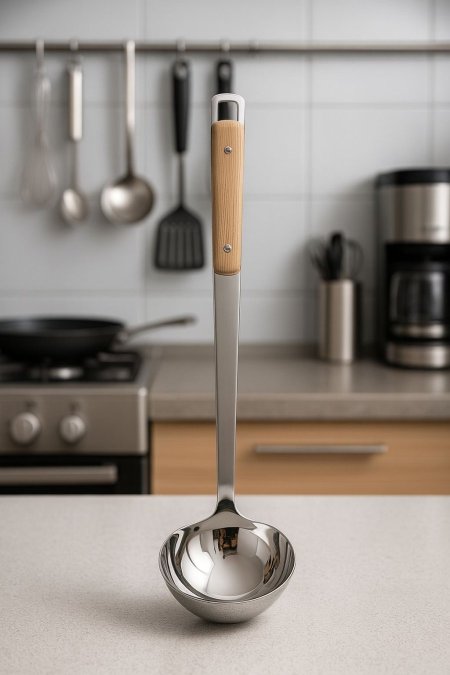 مغرفة شوربة ستانلس ستيل ثقيل يد خشب