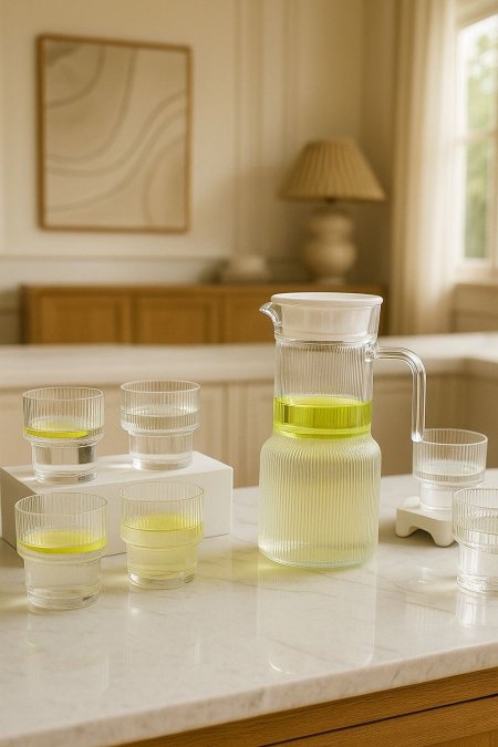 شربة شفاف محزز مع 6 كاسات