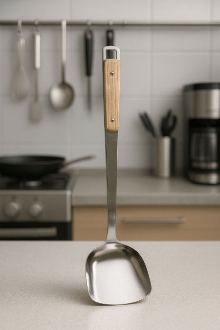 مغرفة ستانلس ستيل ثقيل يد خشبية