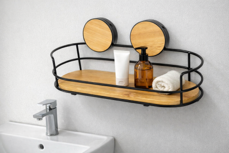 رف حمام جداري بالشفط – معدن مع قاعدة بامبو