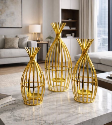 طقم شمعدان ذهبي معدني